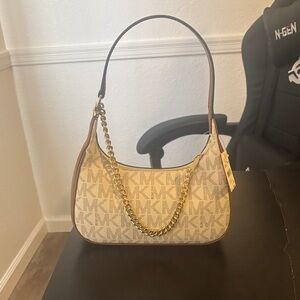 Michael Kors Cream Monogram Shoulder Bag with Gold Chain